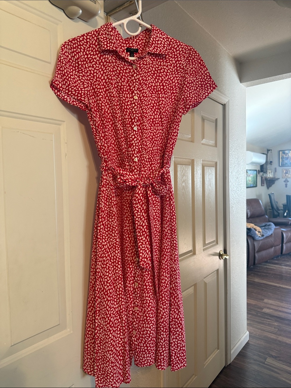 Talbots Red and White Printed Shirt‑Dress with Tie Waist